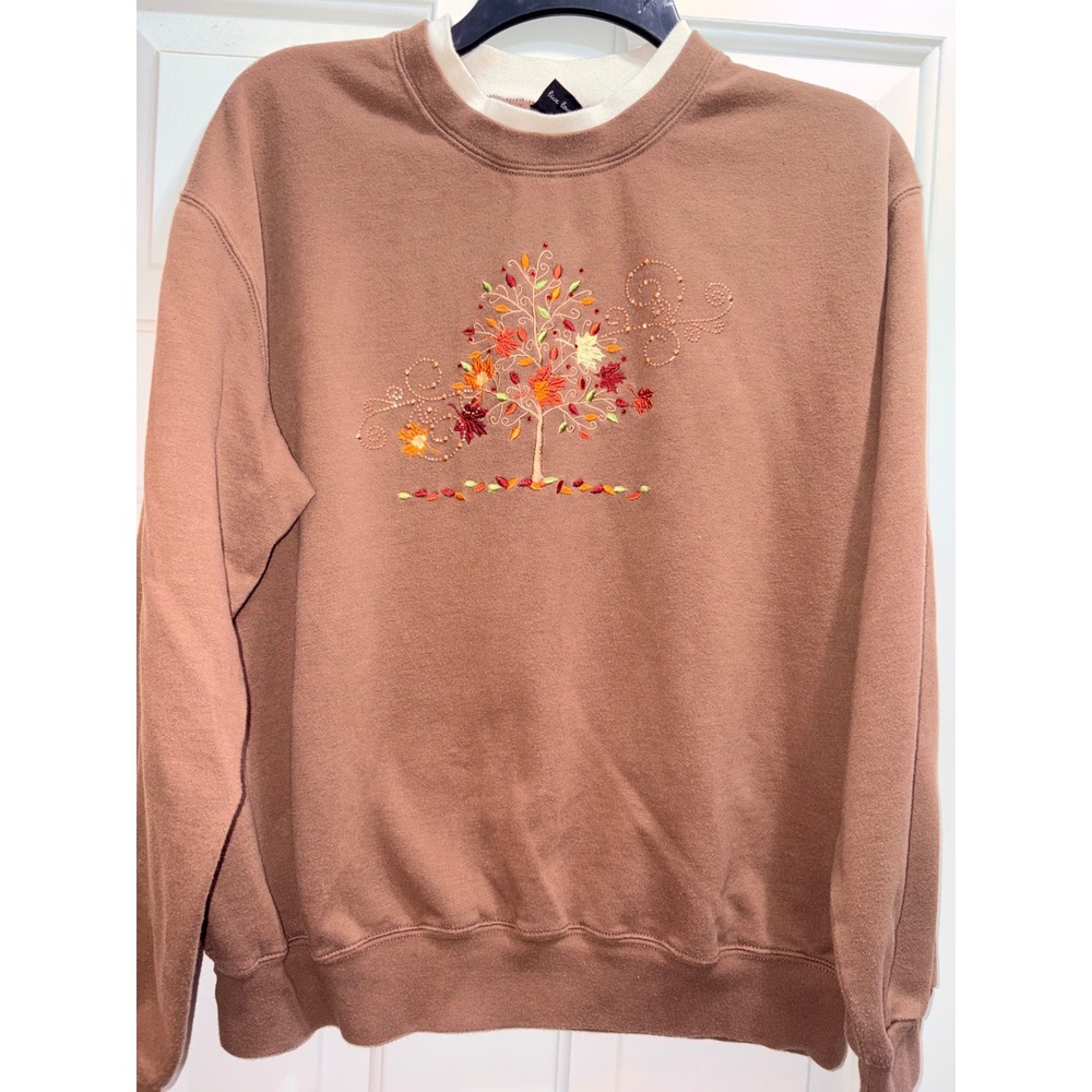 Trilogy by Morning Sun Brown Fall Tree Embroidered Sweatshirt Women Large L